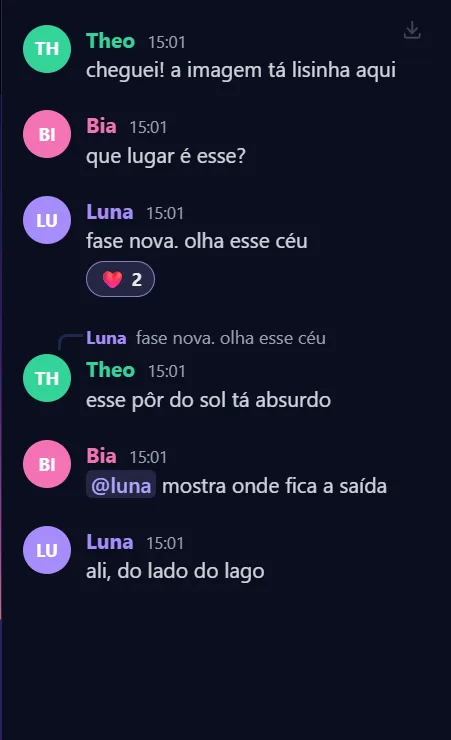 O chat de uma sala, com uma reação, uma resposta e uma menção