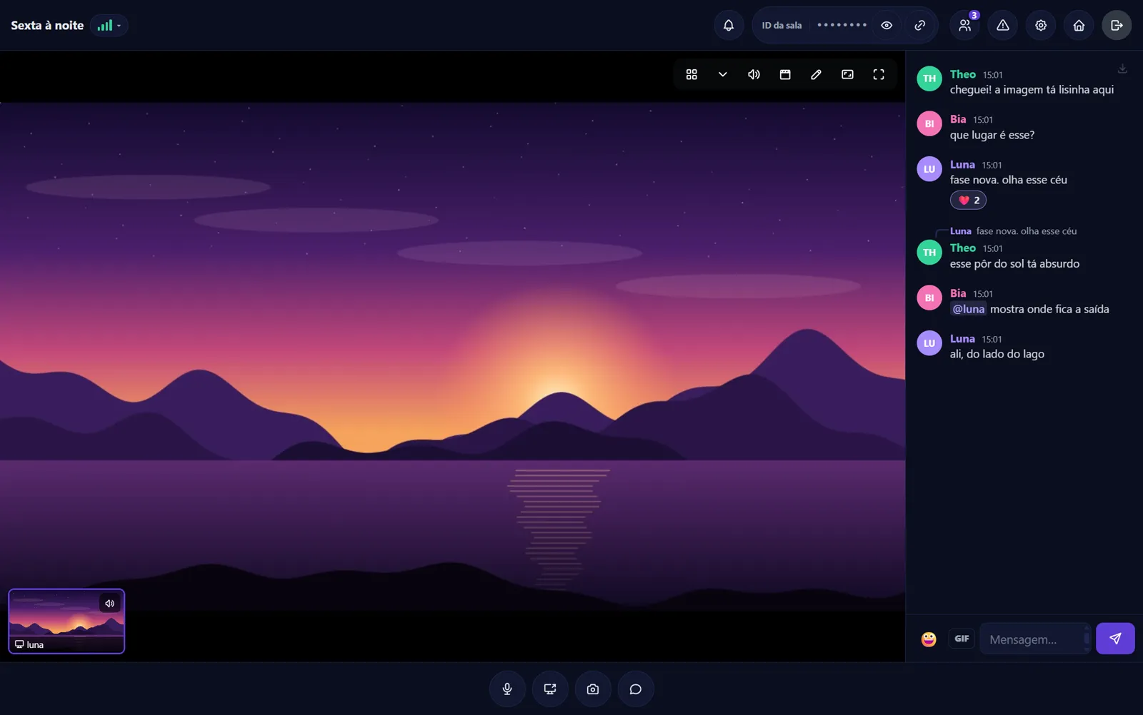 Uma sala do Locknix: a tela compartilhada de um jogo, com o chat ao lado